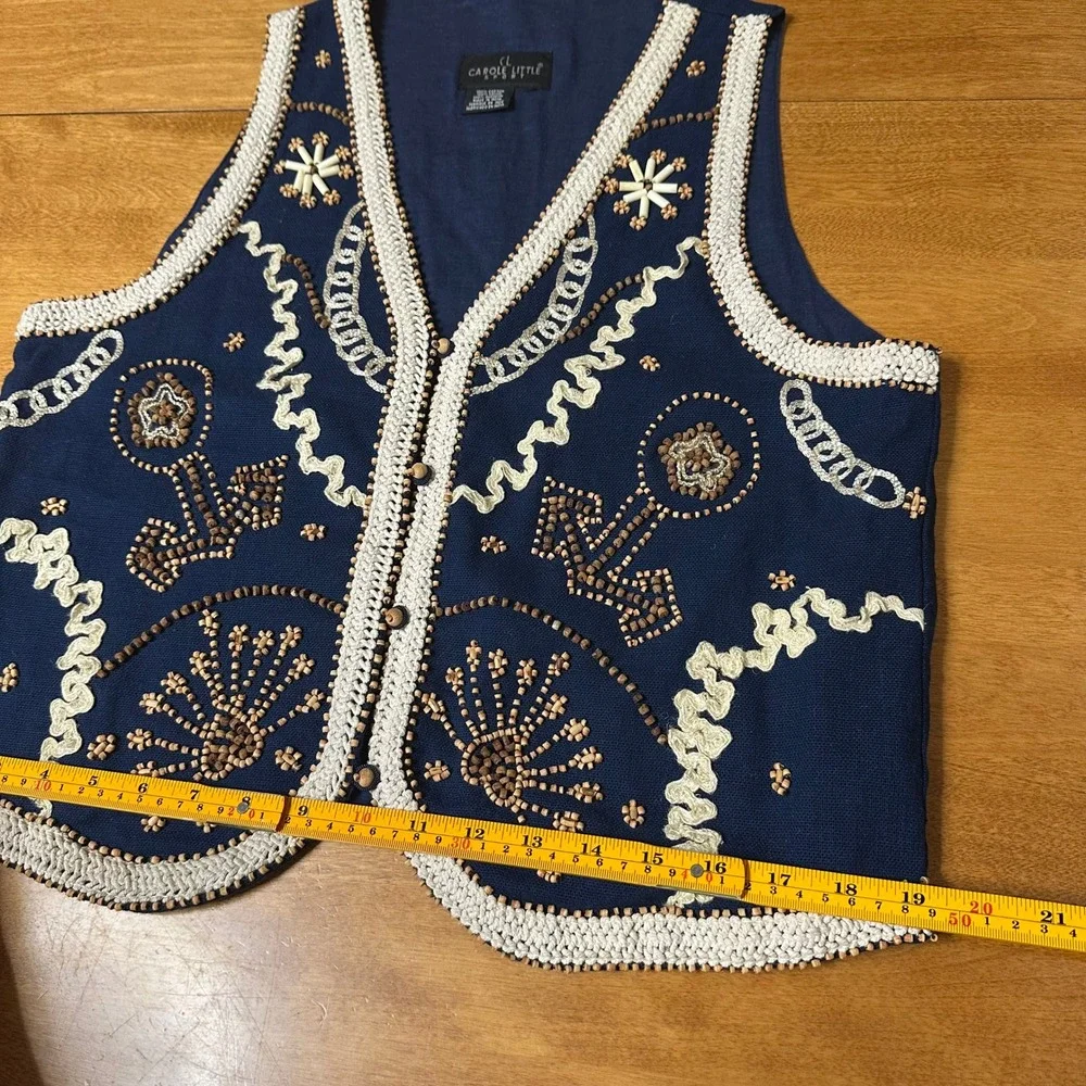 Vintage Nautical Beaded Vest Womens L Navy Wood Buttons Boho Embroidered V Neck